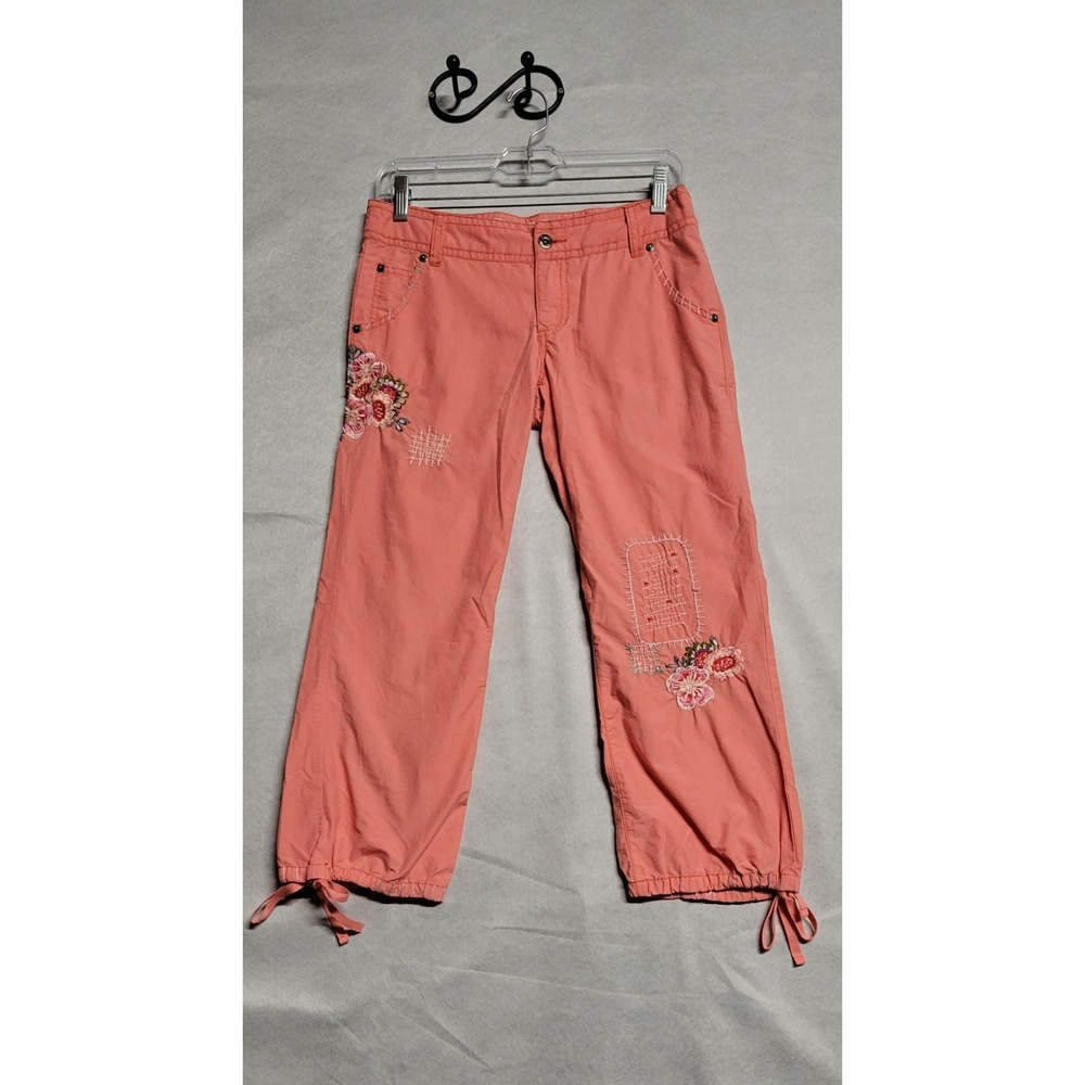 Peach With Floral Embroidery Trim Drawstring Legs Miss Me Capri Pants Size S